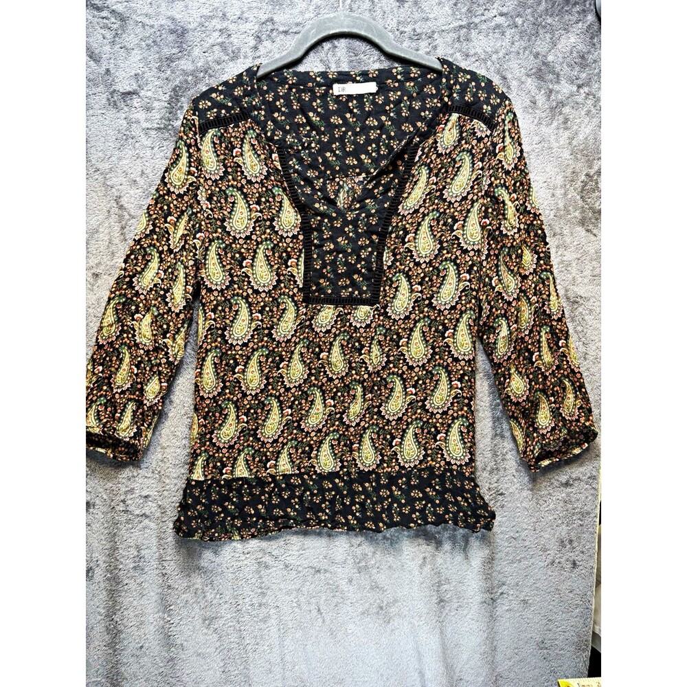 DR2 Black Paisley Rayon V-Neck 3/4 Sleeve Pullover Blouse Top Size S